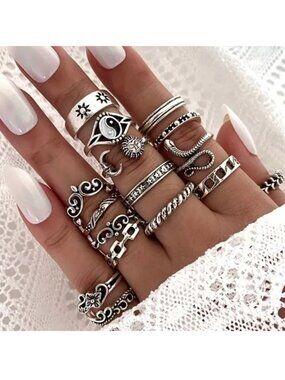 Finger Rings 16pc Silver Boho Snake Sun Moon Tai Chi Ying Stackable Stylish Fun